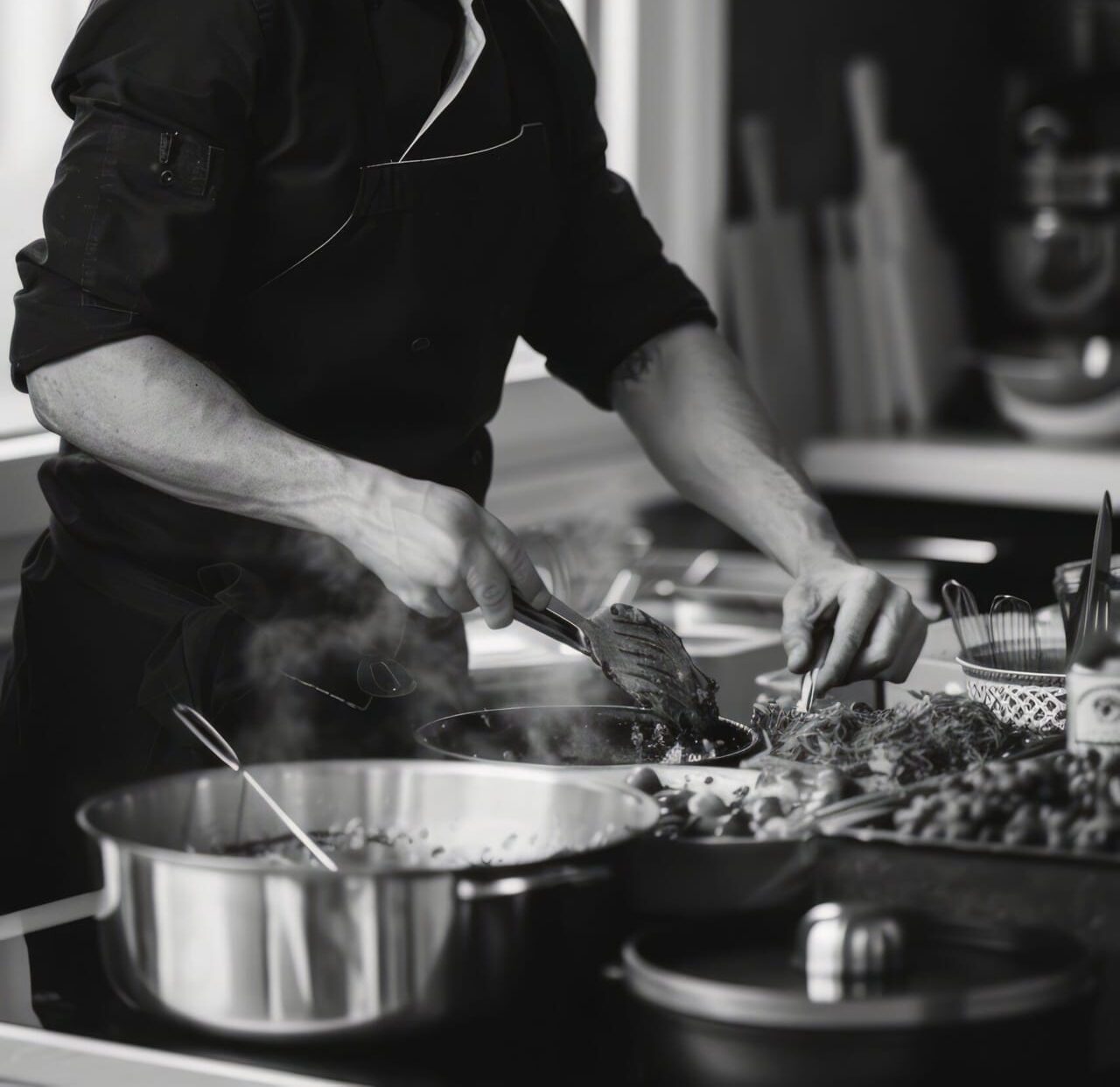 Black and white photo of a male chef cooking in a kitchen