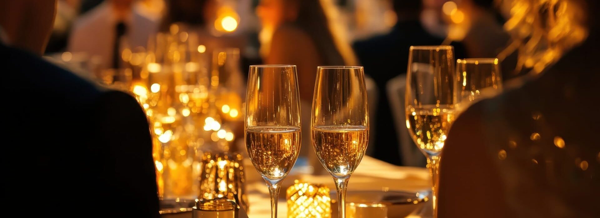 Elegant evening dinner with sparkling wine glasses and soft ambient lighting, creating a warm and intimate setting for guests.